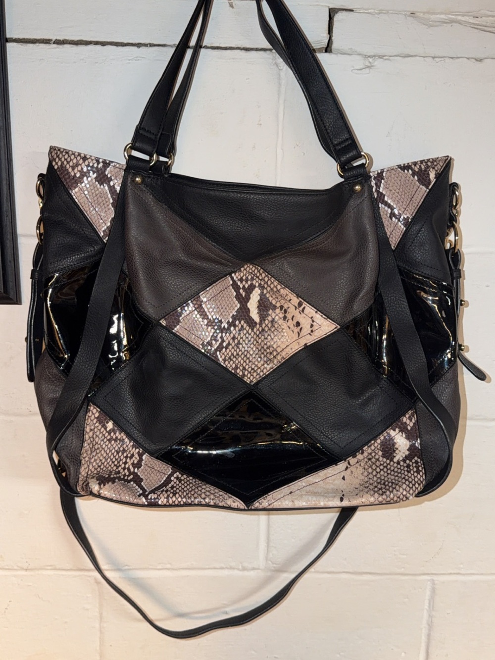 Big Buddha Black & Taupe Snake-Print Patchwork Shoulder Bag